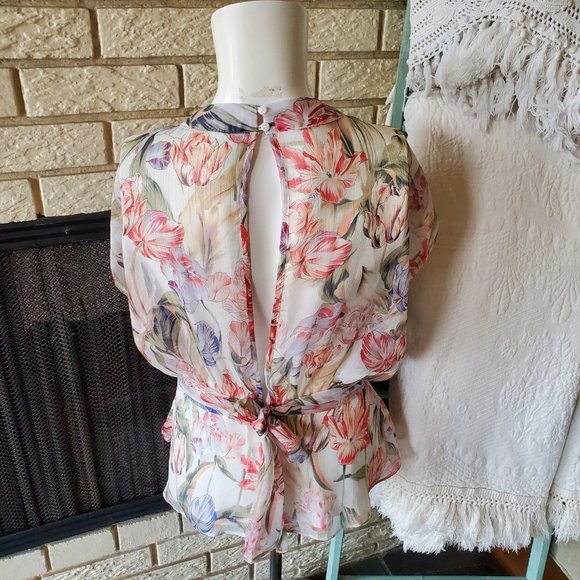 White Closet Boho Floral Chiffon Peplum Keyhole Blouse S - Picture 4 of 5